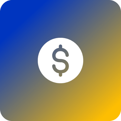 A dollar sign inside a white circle is centered on a blue to yellow gradient background with rounded corners.