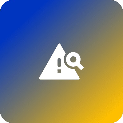 Exclamation mark inside a triangle with a magnifying glass, on a gradient blue to yellow background.
